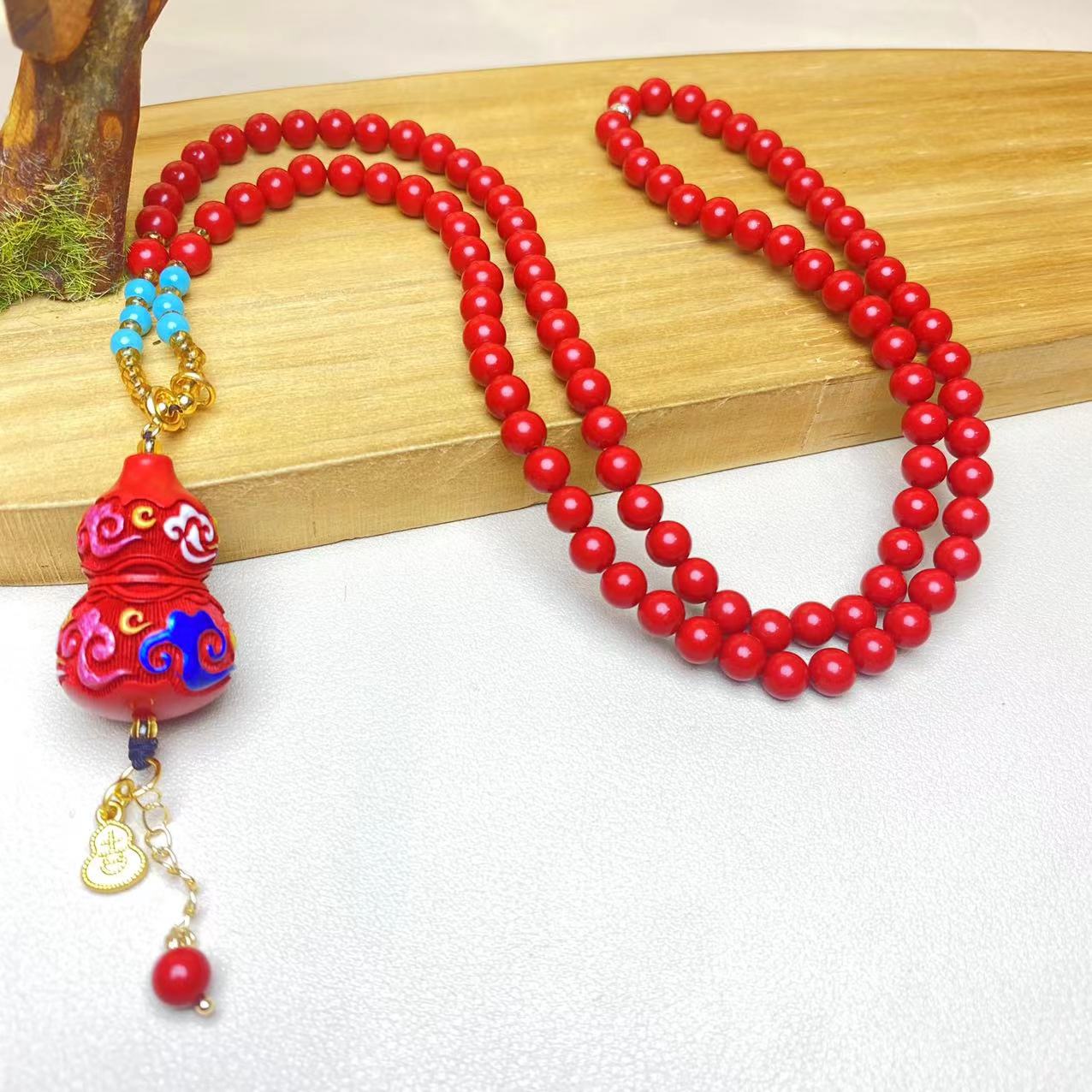 含辰砂工艺品高含量朱砂红砂设计款彩绘福禄双全葫芦长链保真朱砂
