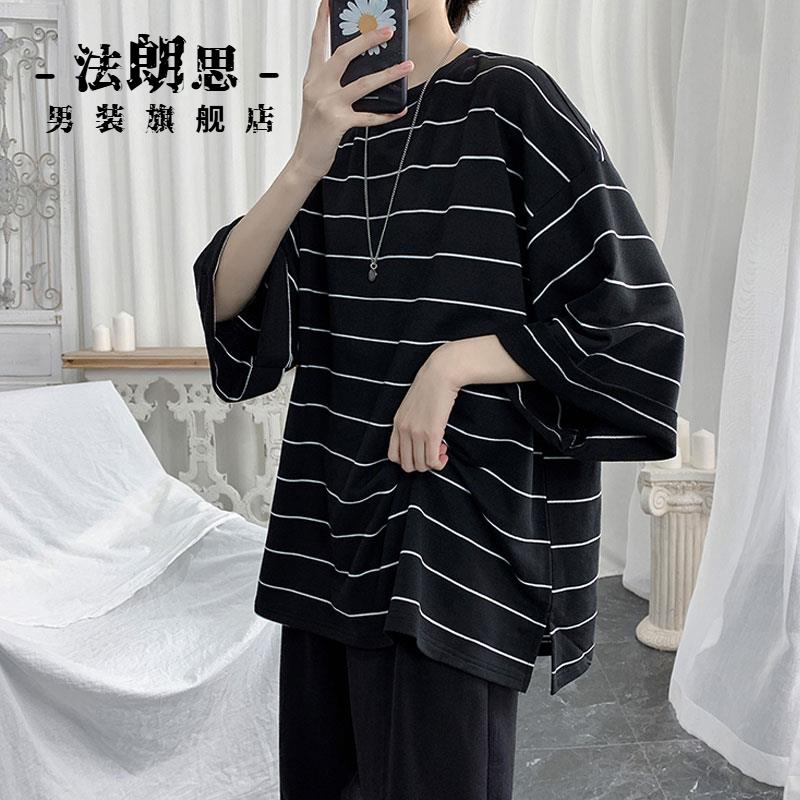 黑白条纹t恤男ins潮牌精梳男美式高克重磅小领口boy短袖七分袖夏
