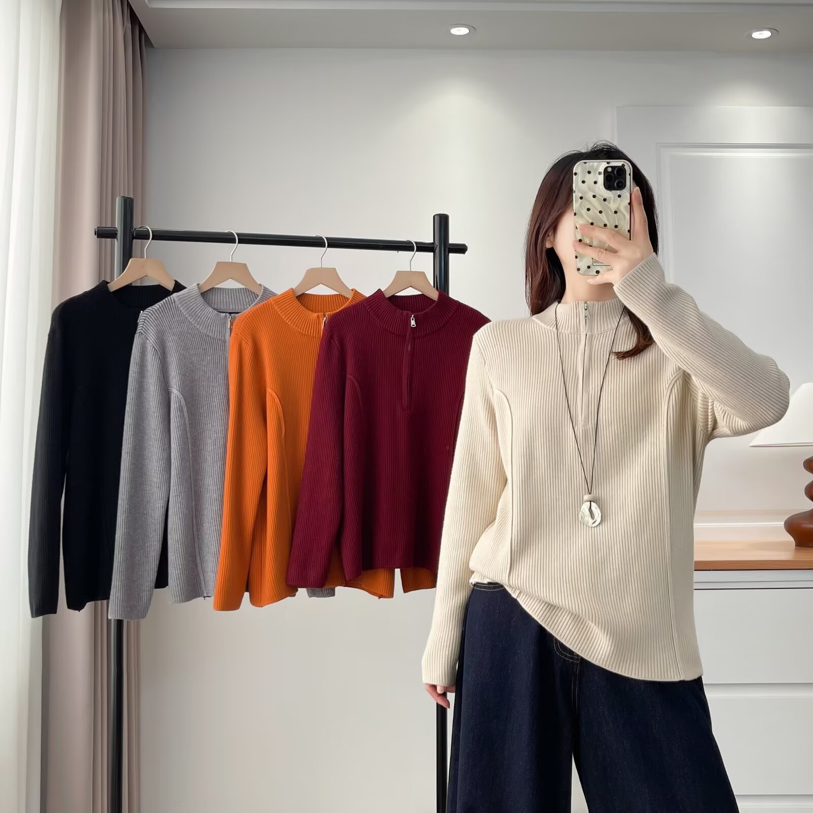 JIANAOBEN/简澳本微胖大码女装百搭时尚一体绒长袖针织毛衣打底衫