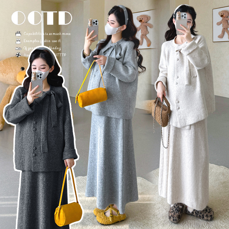 孕妇装秋冬季套装2025新款蝴蝶结毛衣上衣半身裙高级孕妈法式穿搭