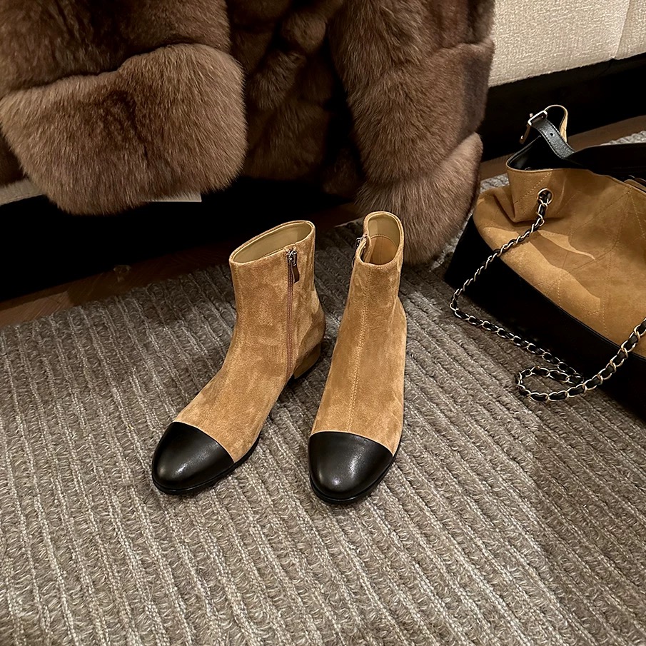  小香风短靴女 低跟软皮羊皮平底真皮瘦瘦靴