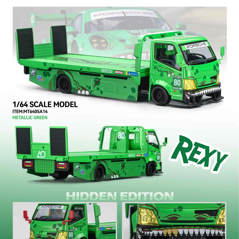 预售 Micro Turbo 1:64 绿恐龙 拖板车 合金平板运输车模型摆件