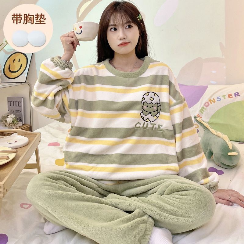 带胸垫防凸点睡衣女冬季加厚珊瑚绒法兰绒2025新款家居服套装秋冬