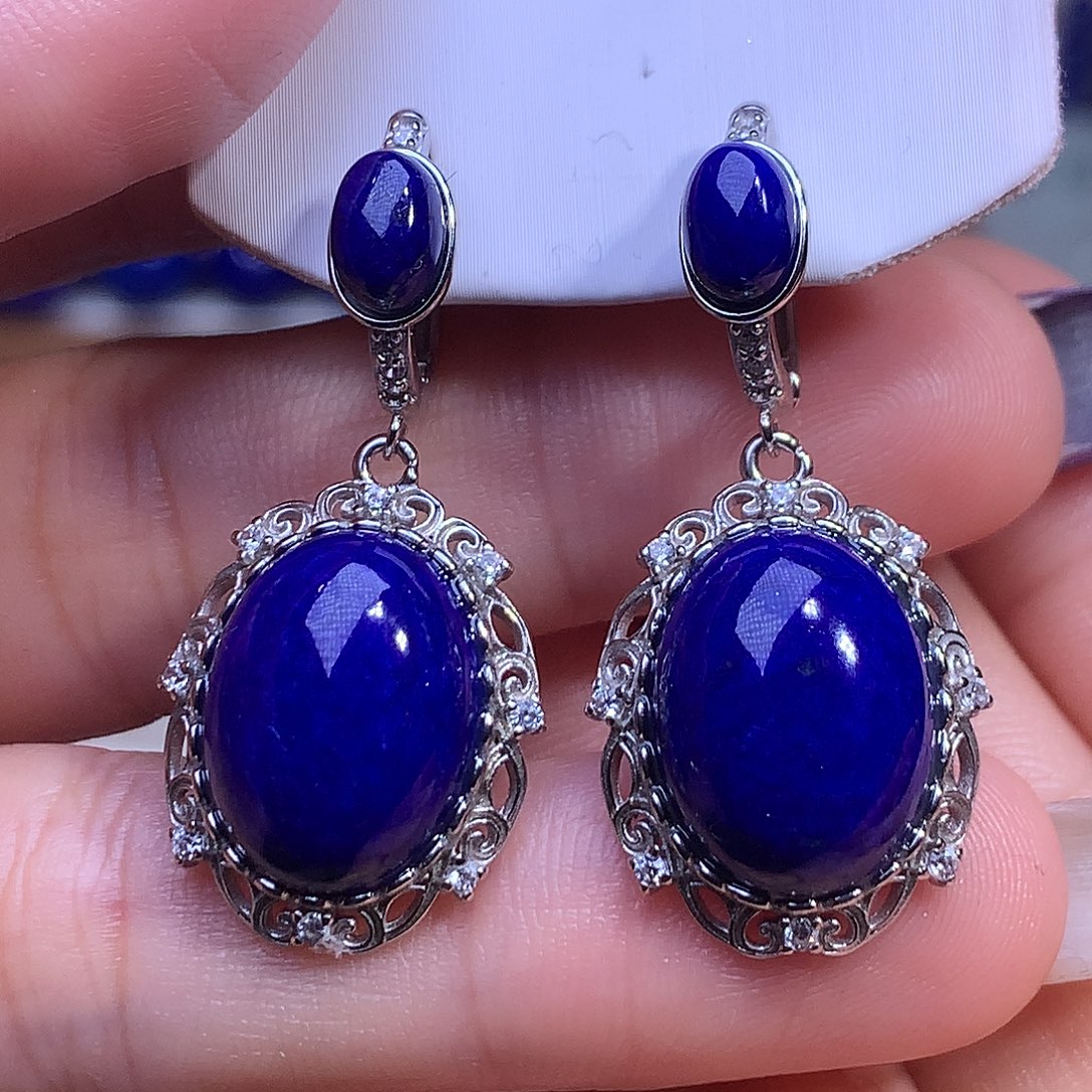 青金石银S925镶嵌耳饰21.6m