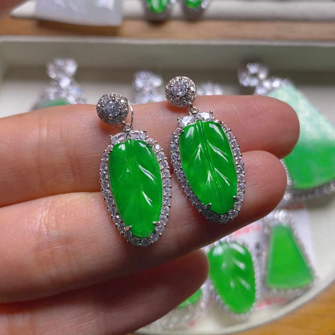 翡翠颈饰银S925镶嵌树叶耳坠