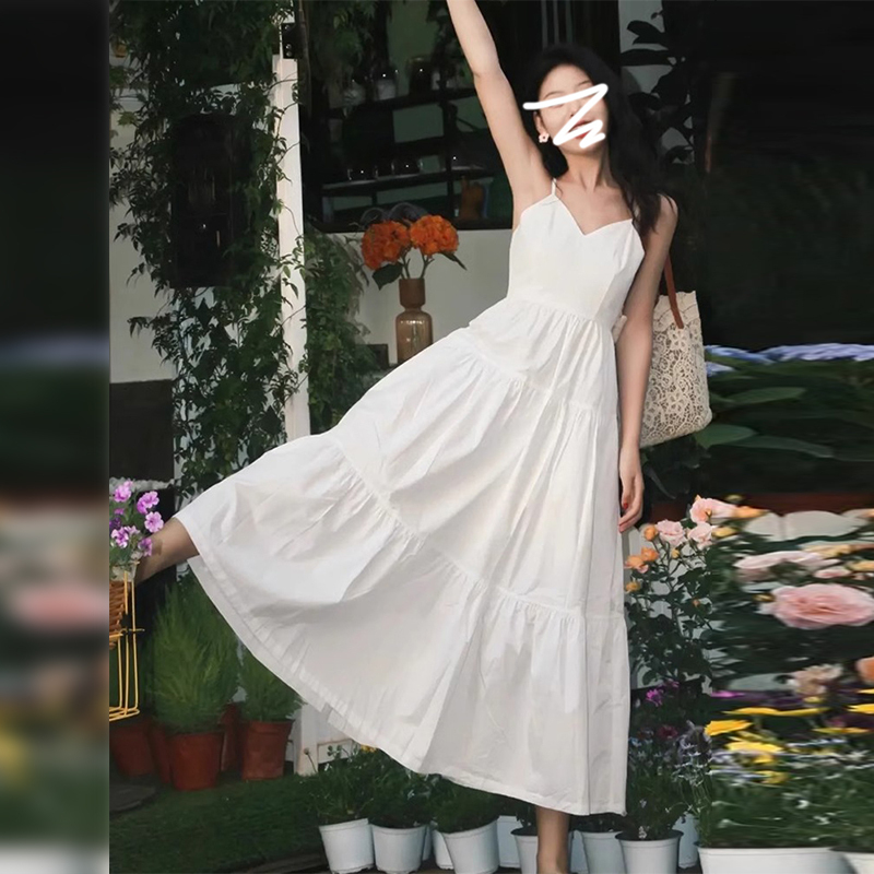 白色V领吊带裙叠穿原版气质高腰设计甜美复古礼服中长款连衣裙