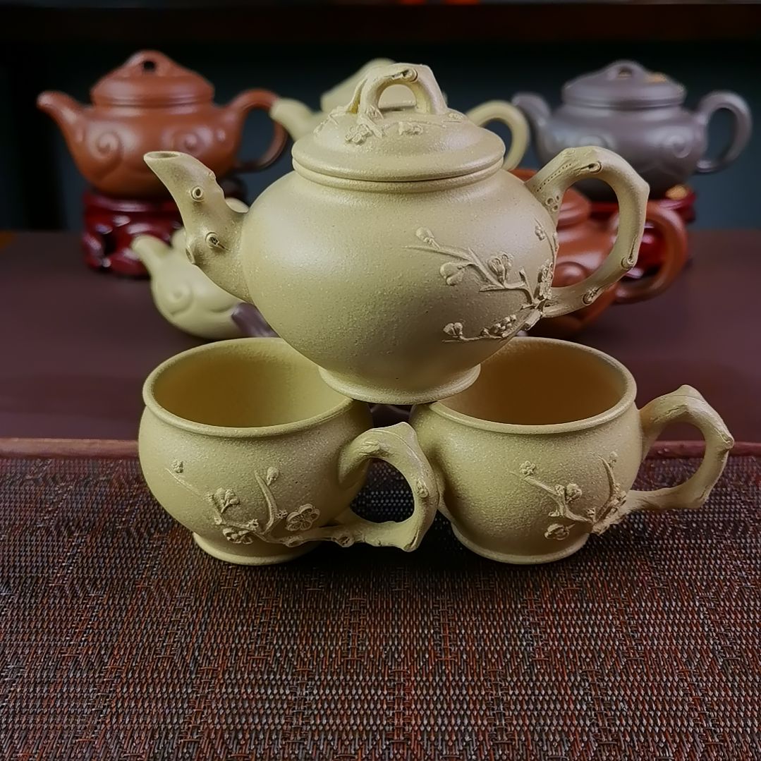 紫砂茶壶本山绿泥梅报春200CC一壶二杯