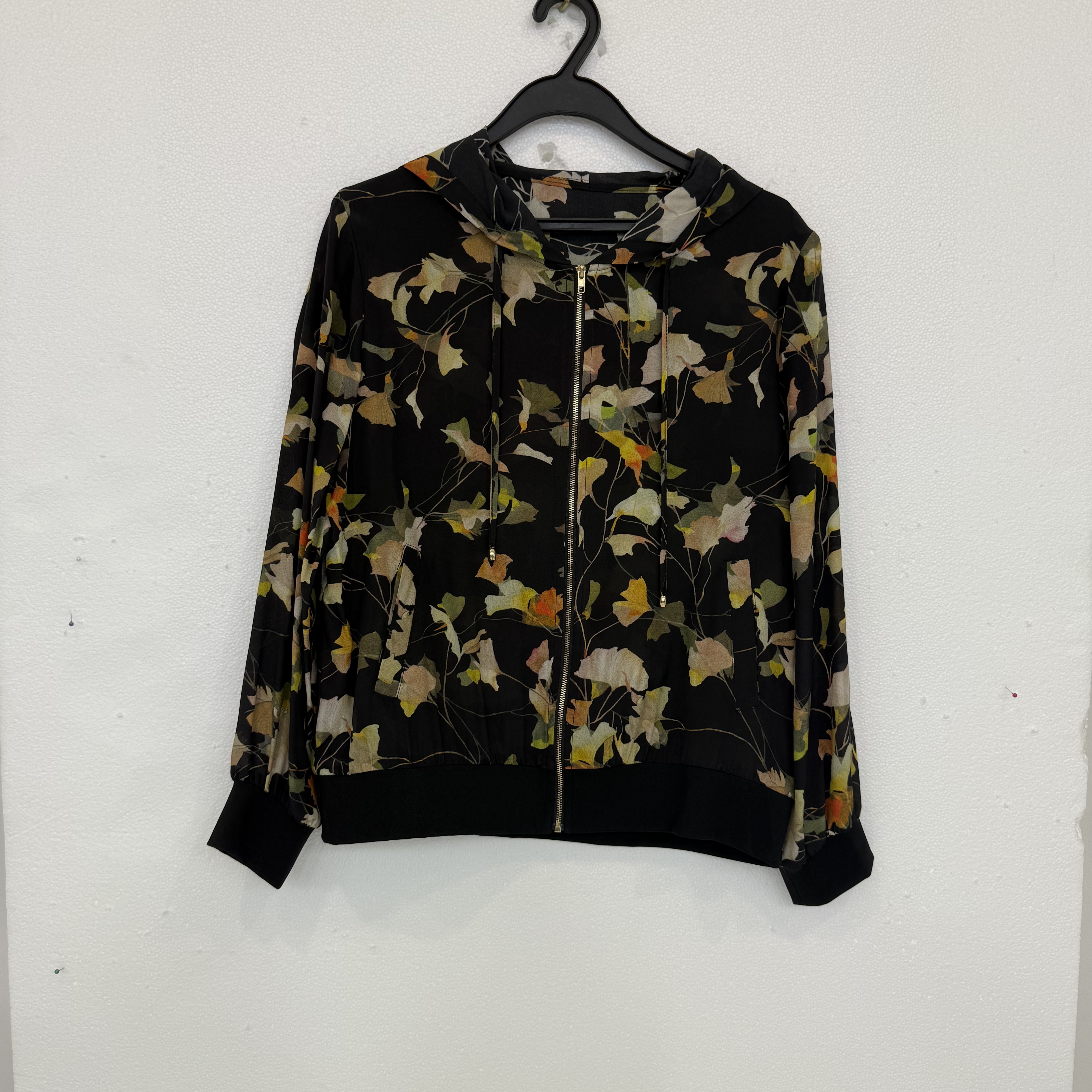 100桑蚕丝真丝双绉印花抽绳连帽外套桑蚕丝衬衫上衣ZKF33