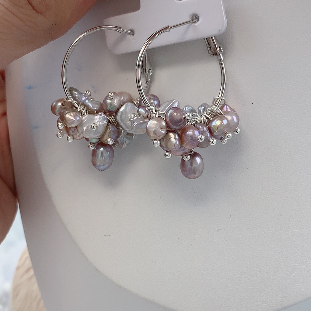 银S925镶嵌耳饰淡水珍珠紫全