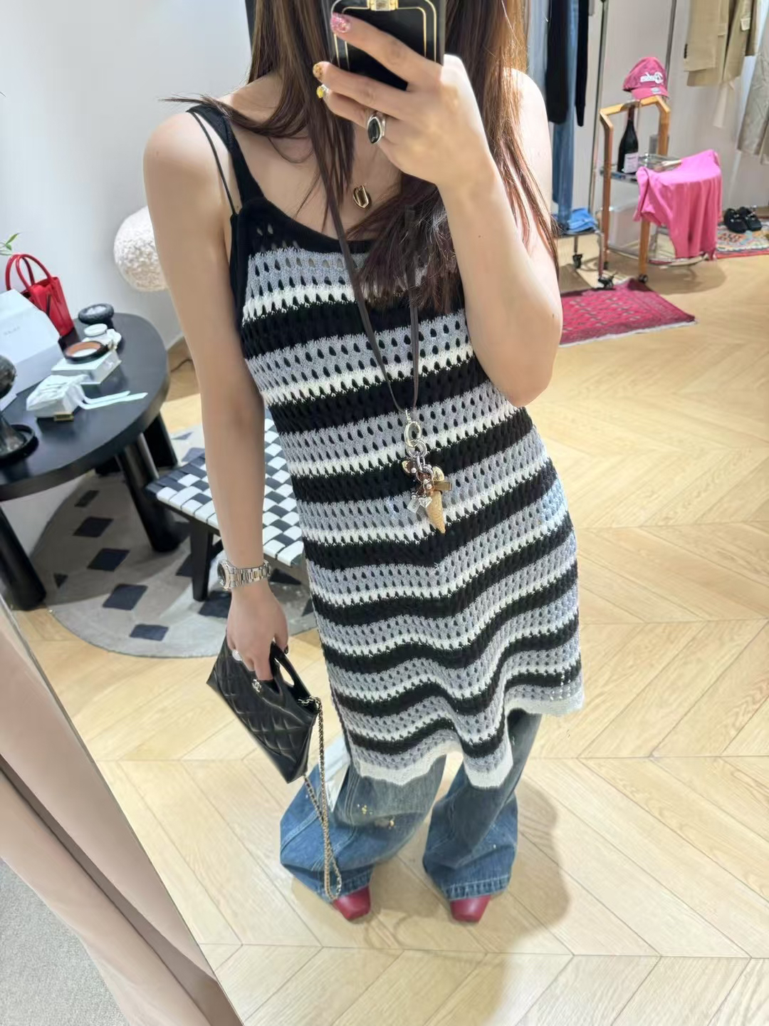 ICE DUST新品25春夏条纹吊带镂空时尚针织连衣裙女