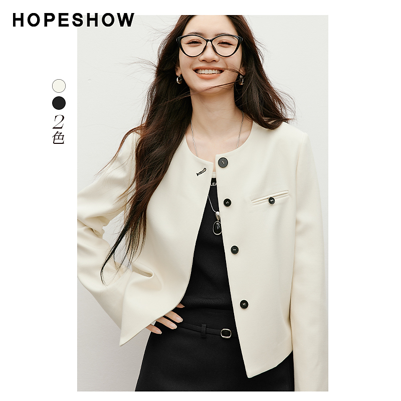 红袖2025春季秋冬短款新款女装纯色正肩H型单排扣圆领短外套轻奢