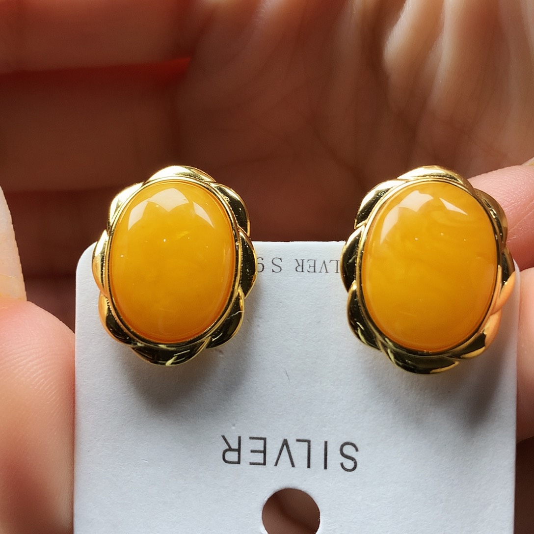 银S925镶嵌蜜蜡耳饰耳钉