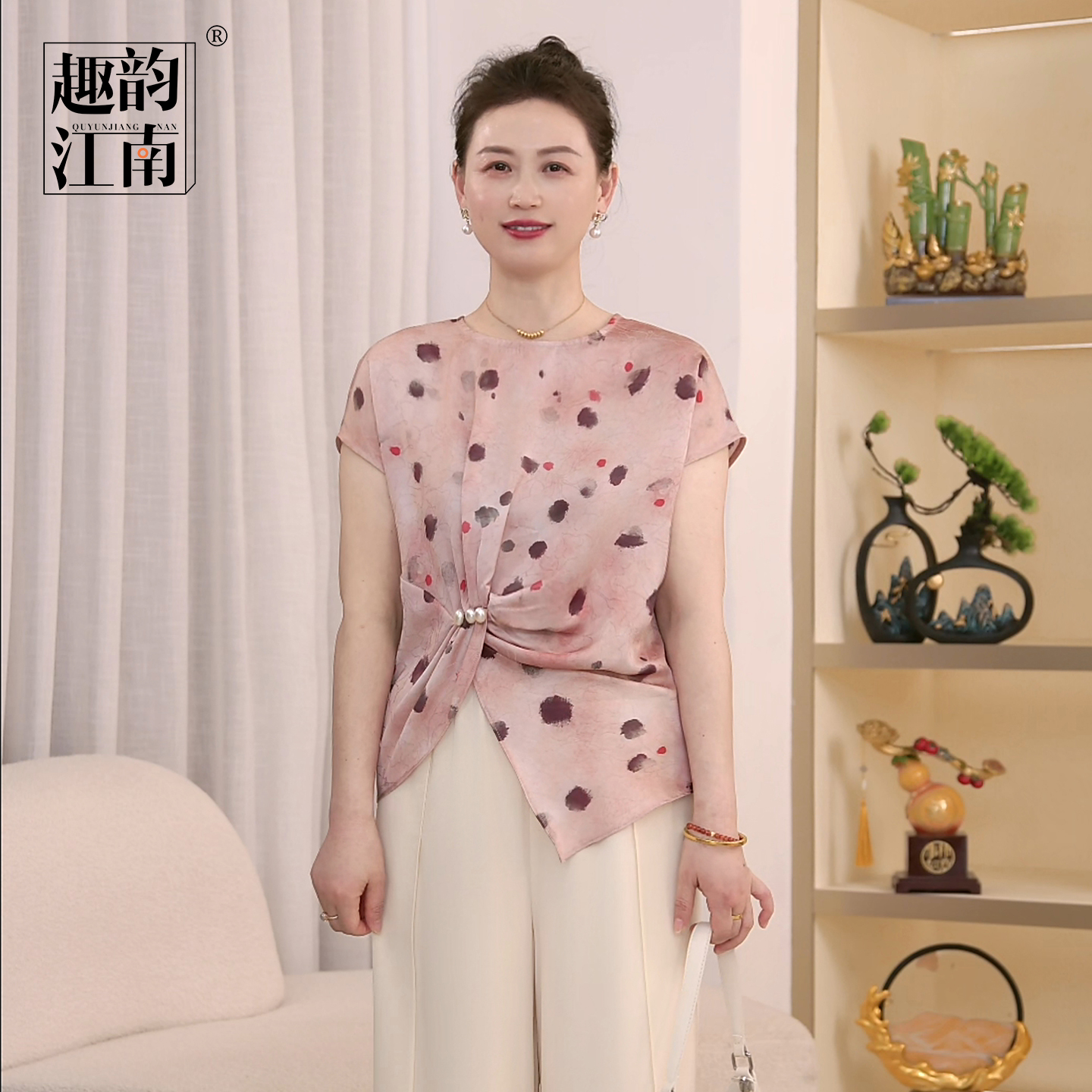 趣韵江南妈妈装洋气印花小衫雪纺套装中老年女夏装宽松优雅上衣