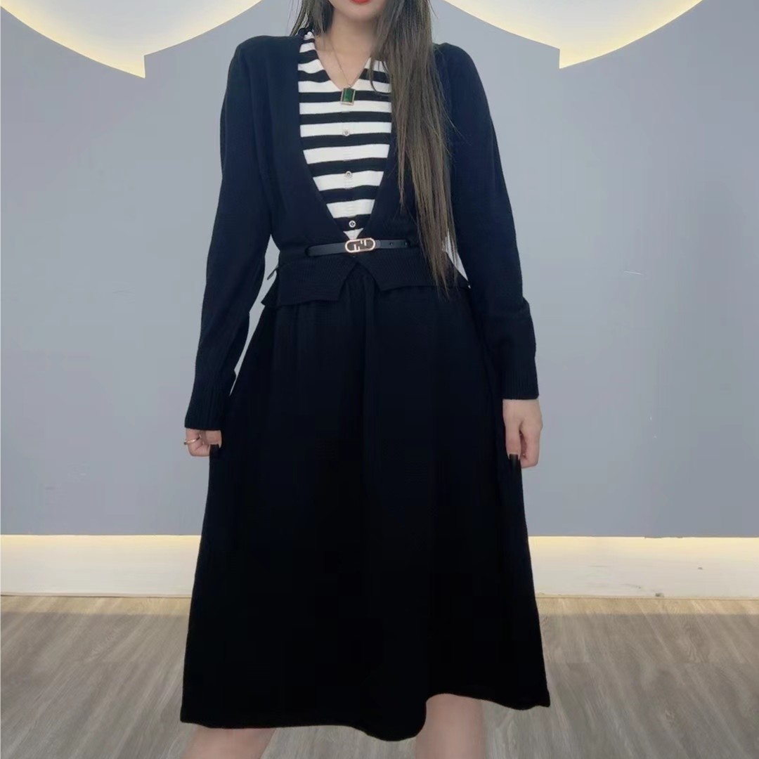 秋冬长袖百搭V领假两件中间带腰带针织连衣裙f1975 J05131