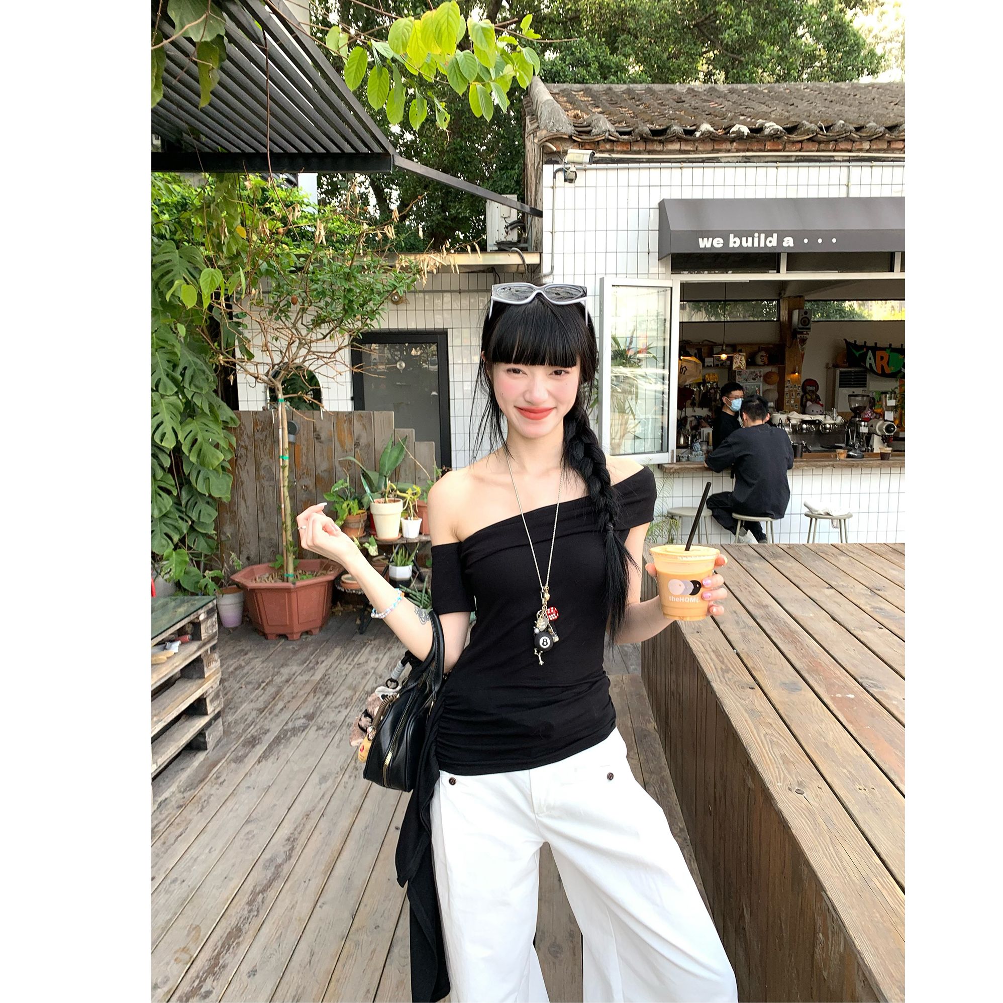 WSMY设计感辣妹风纯色飘带一字领T恤女夏季气质chic收腰露肩上衣