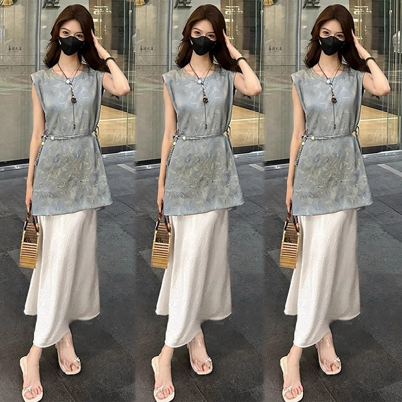 2025夏季新款洋气提花马甲背心半身裙三件套新中式连衣裙套装女