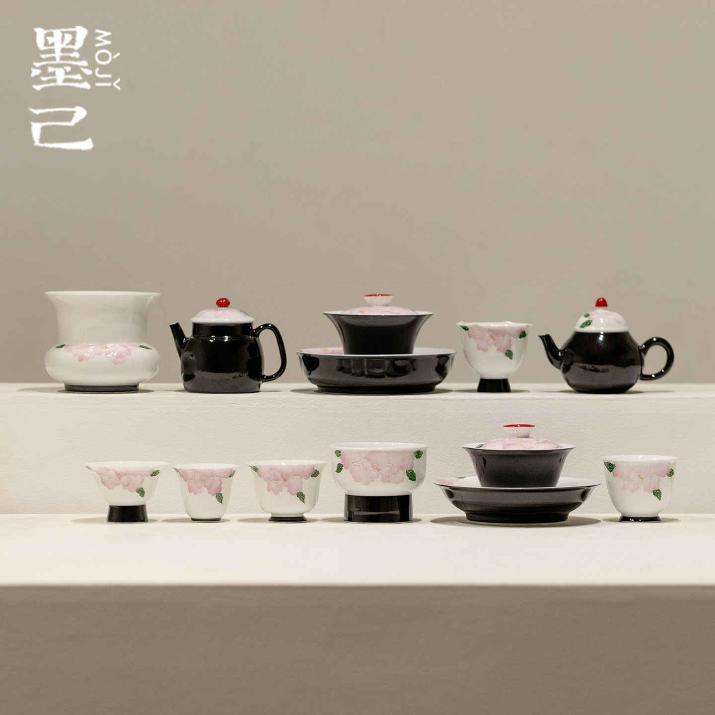 墨己玉泥黑釉堆绘牡丹花手绘茶具合集家用茶壶盖碗壶承茶杯主人杯