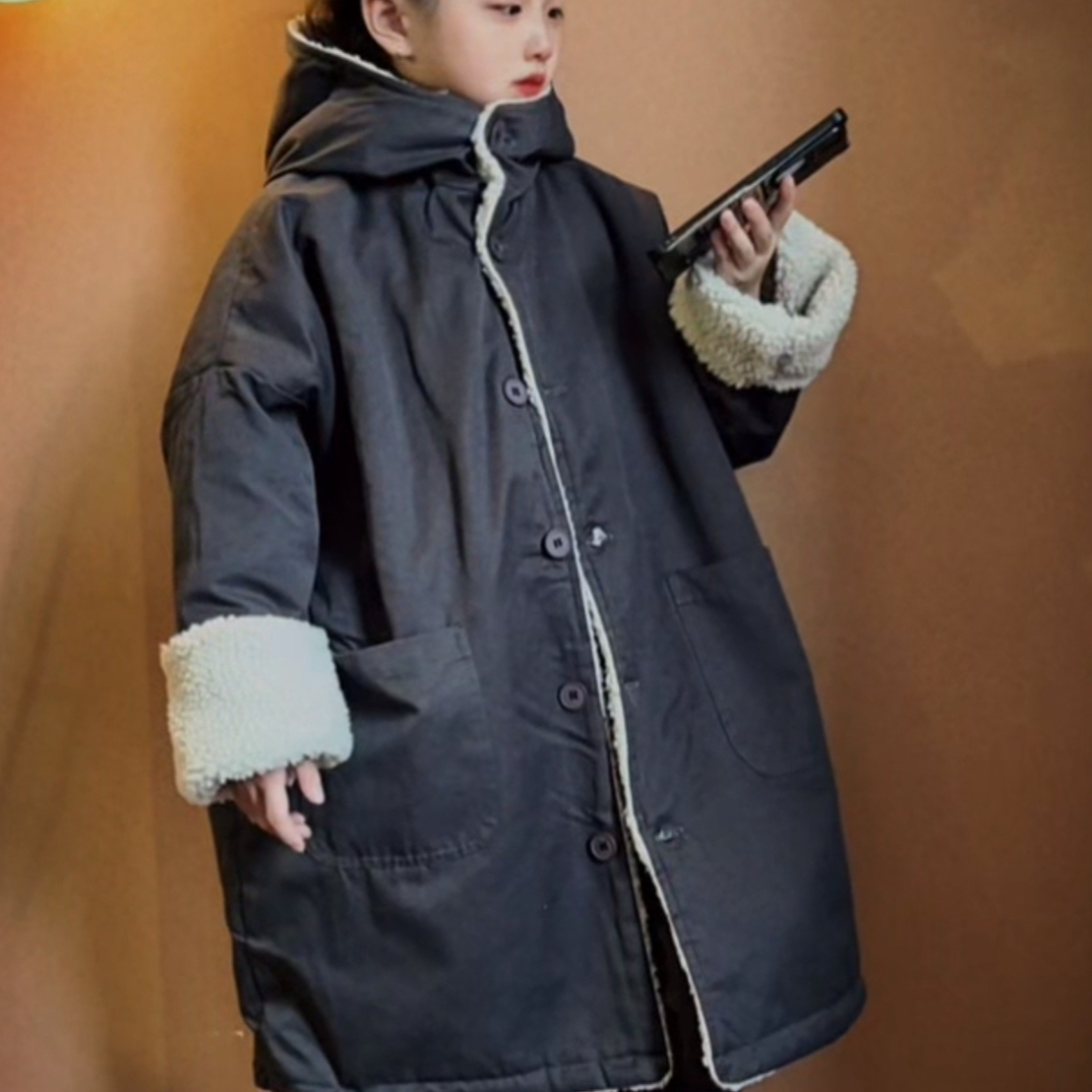 朵朵~男女冬款加绒连帽大衣