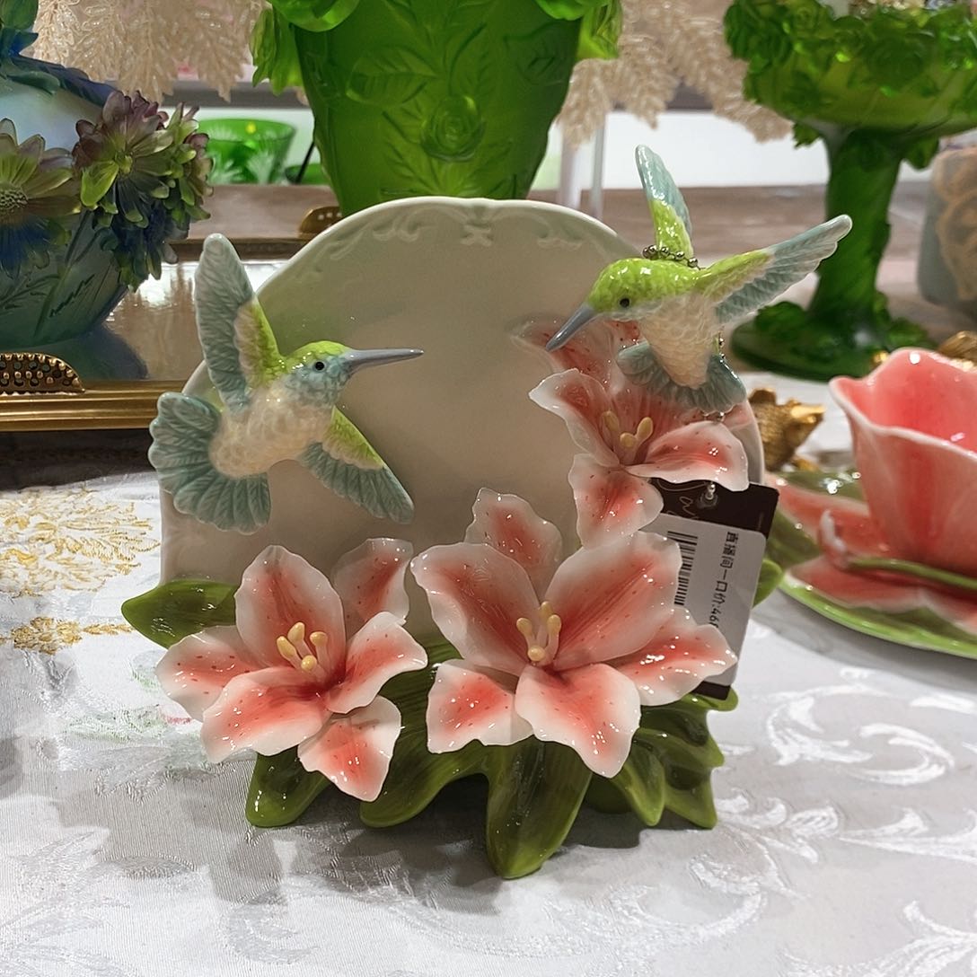 摆件0252骨瓷百合花蜂鸟赏盘