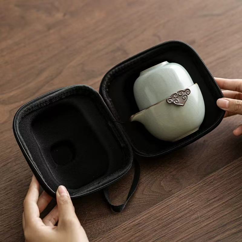 C074汝窑旅行茶具套装便携式收纳包一壶两杯户外礼品陶瓷泡茶壶