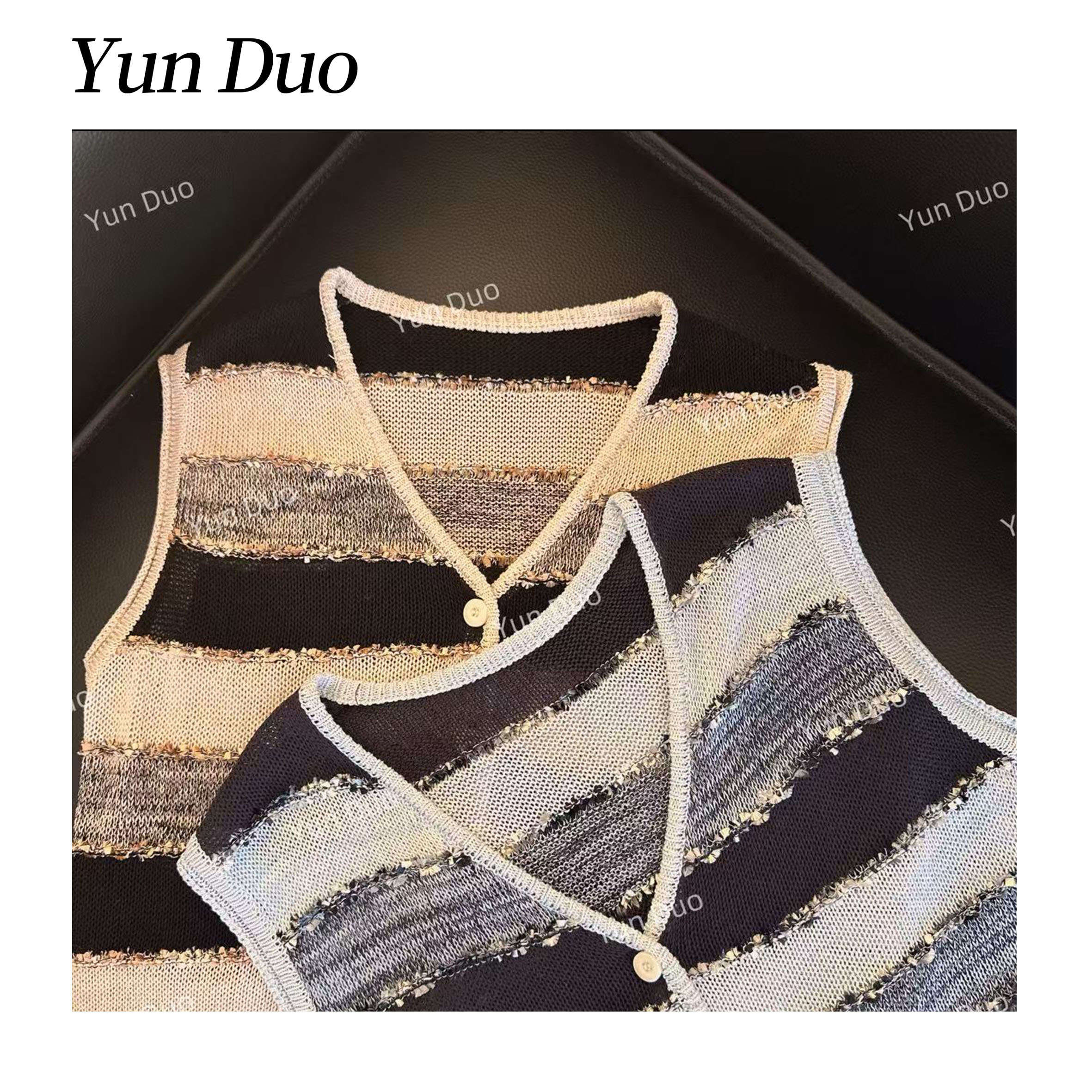 云朵定制 小香风V领条纹撞色流苏针织背心LD79