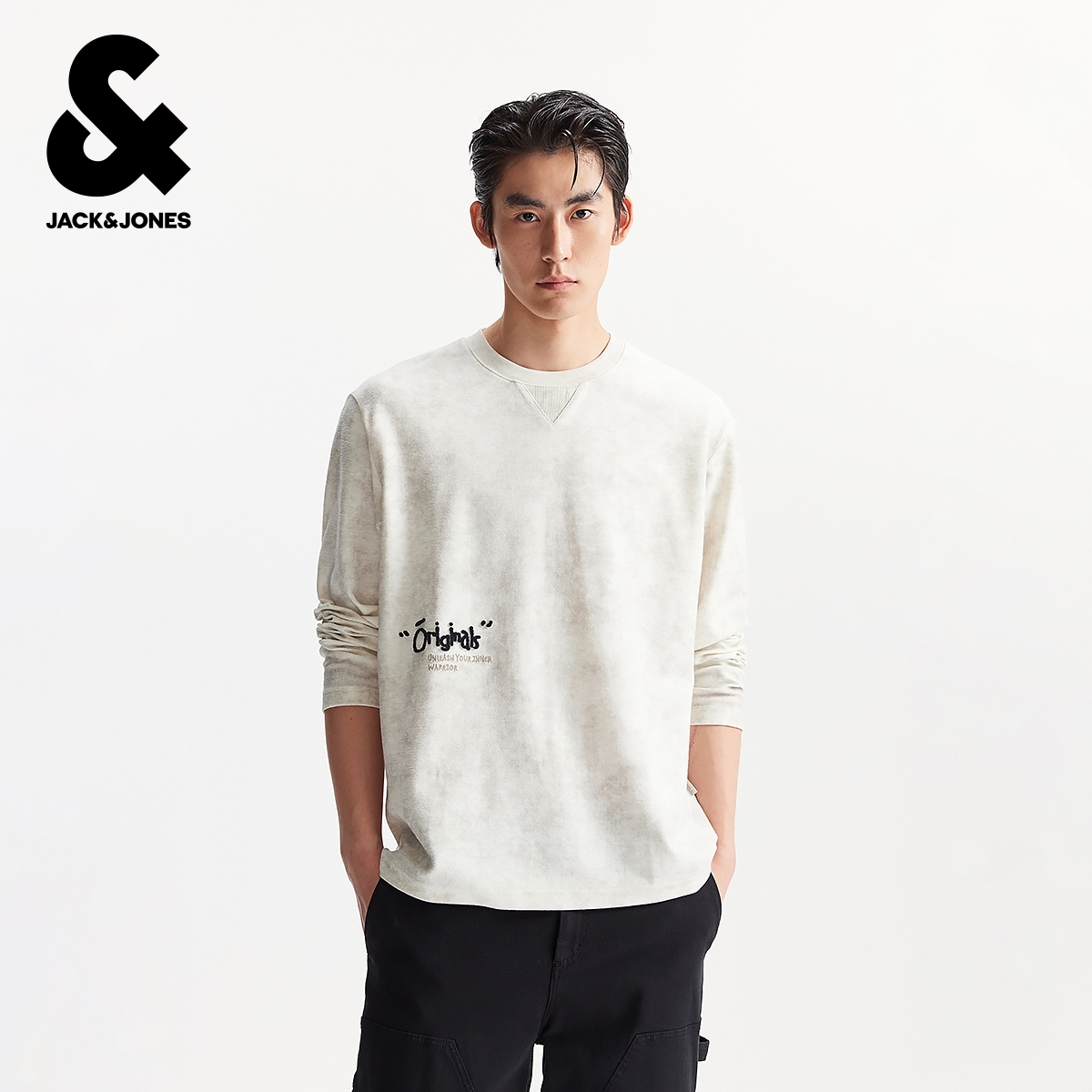 杰克琼斯秋季新款男装T恤时尚百搭舒适休闲宽松字母扎染长袖上衣