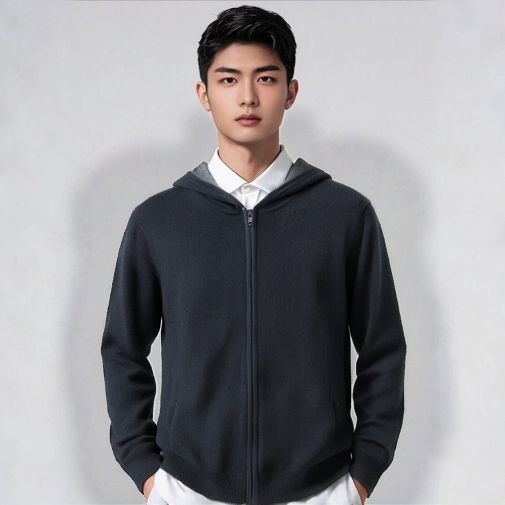 【不议价】新款100纯山羊绒连帽拉链开衫男款宽松百搭毛衣正品