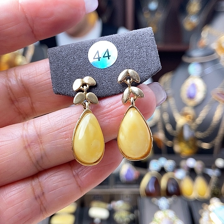 琥珀耳饰银S925镶嵌耳环