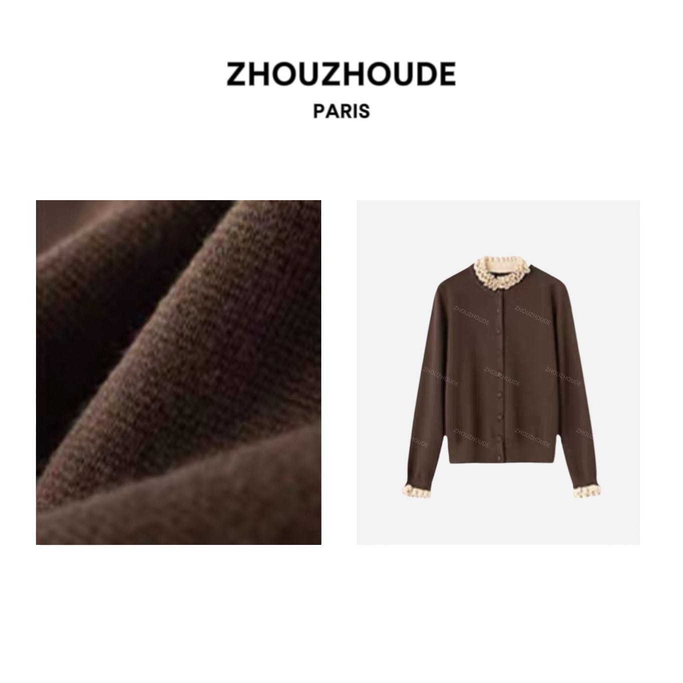 ZHOUZHOUDE【玛奇朵】法式香风美丽奴羊毛撞色木耳花边立领针织毛衣