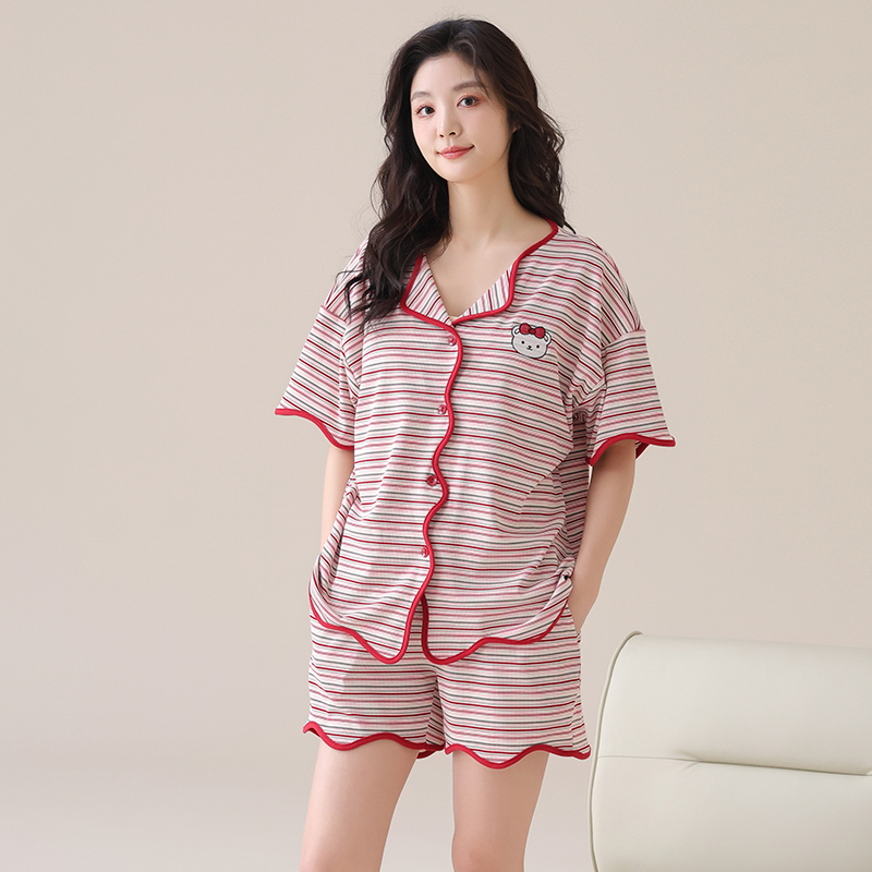 YNE新款睡衣女夏季翻领短袖宽松学生韩版家居服冰丝螺纹外穿套装