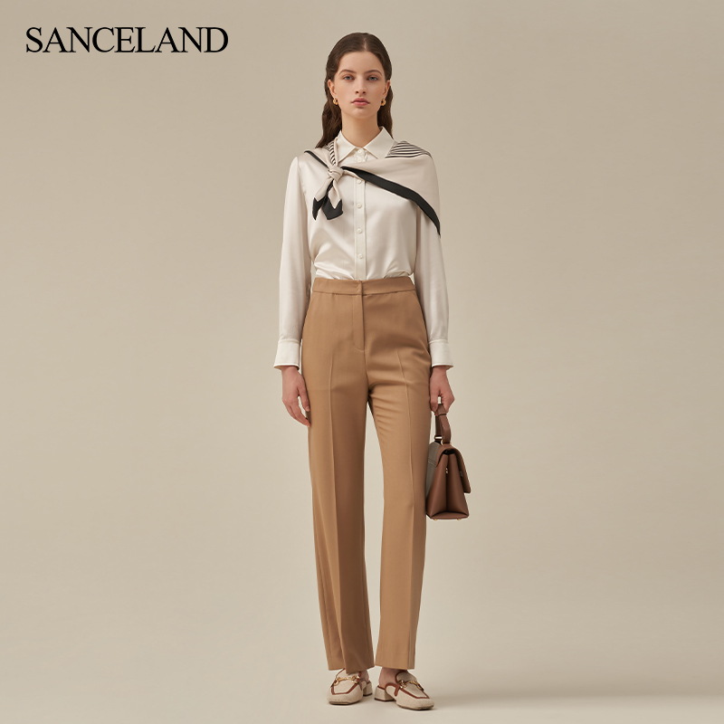 SANCELAND三石一澜春真丝衬衣H型直身小翻领长袖衬衫女SH11101001