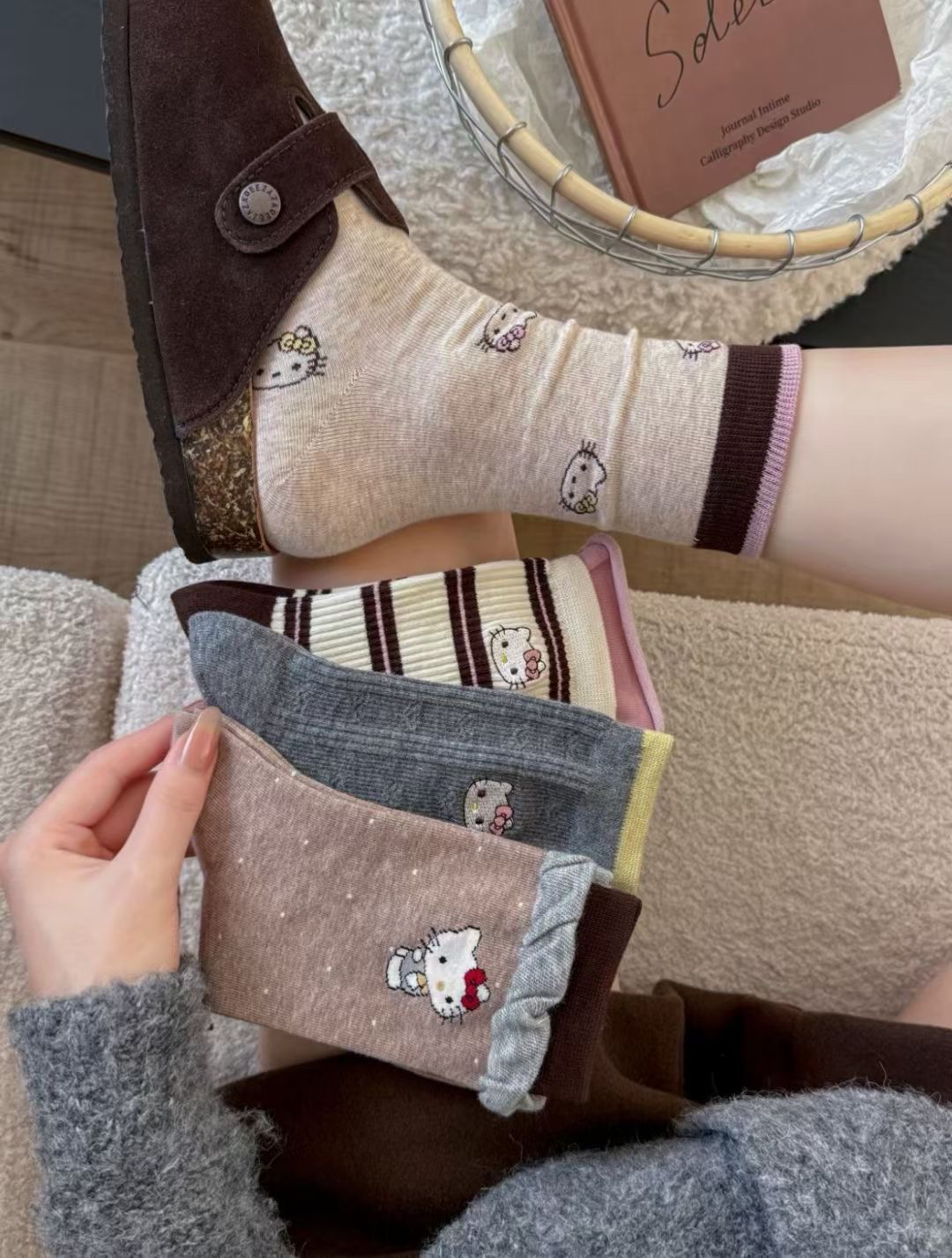 张张家~秋冬氛围感袜子甜美韩系搭配紫色蝴蝶结波点堆堆袜饰品袜