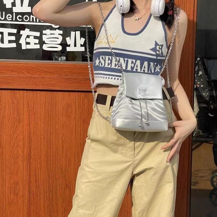 链条双肩包香风Y2K甜酷辣妹2025新款丝光高级银色背包包女
