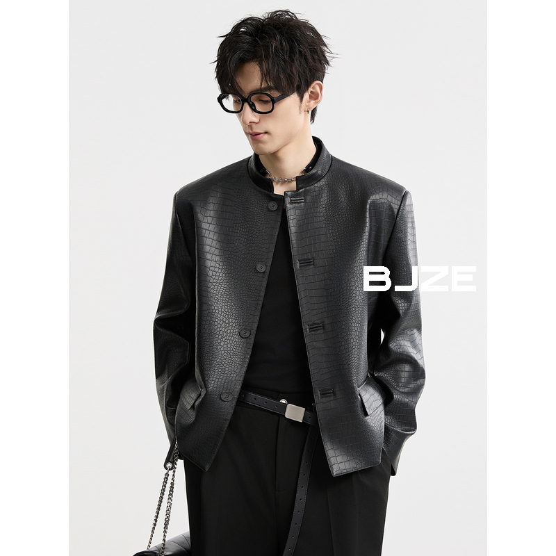 [新中式高级肌理感]BJZE秋季立领哑光PU皮夹克外套男上衣E531394