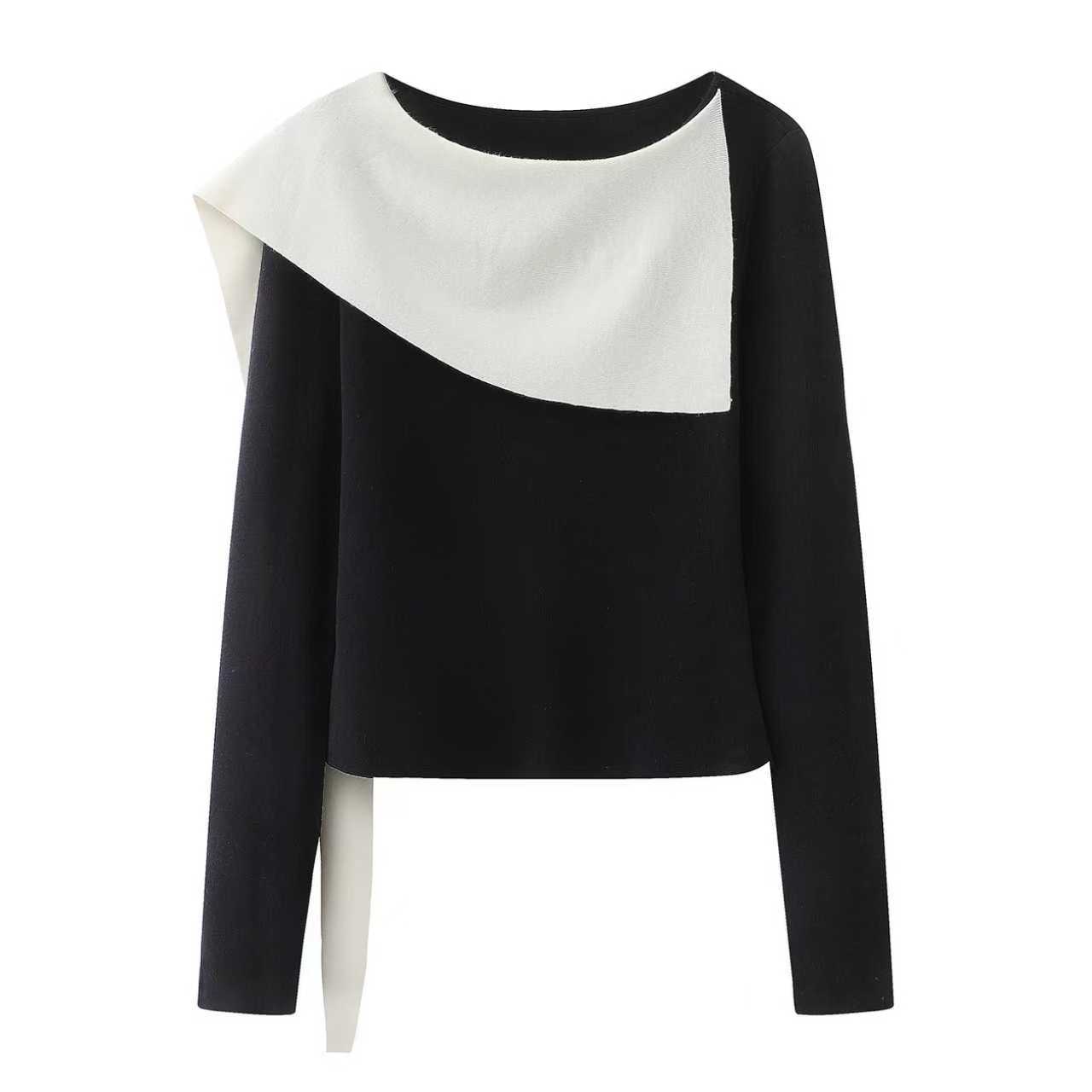 迪2026春季新款长袖拼接设计感黑白撞色针织衫女上衣3103