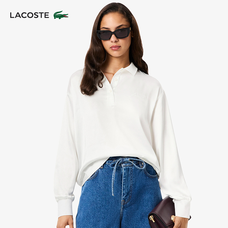 LACOSTE法国鳄鱼女装25秋季新款纯色缎面Polo领长袖衬衫|CF5442