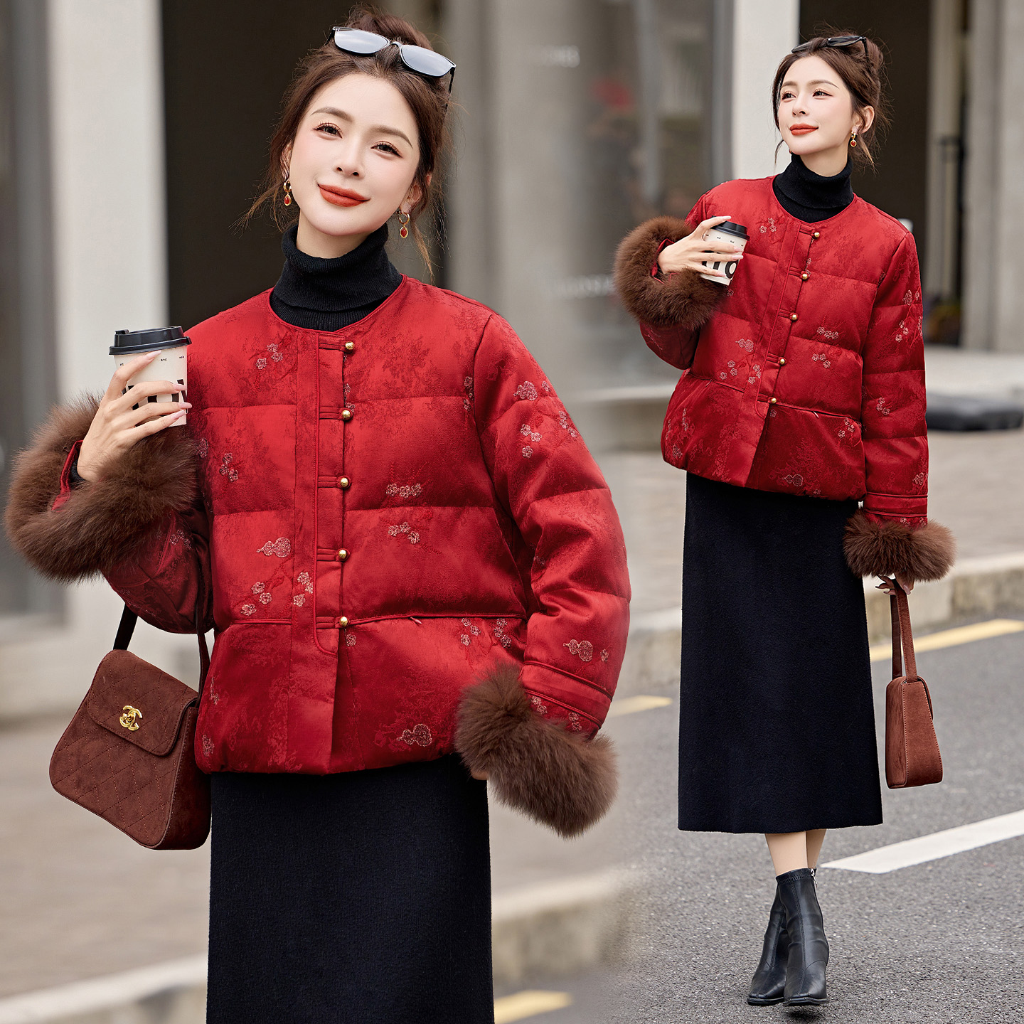 新中式国风提花羽绒服女2025冬季新款复古盘扣刺绣狐狸毛短款外套