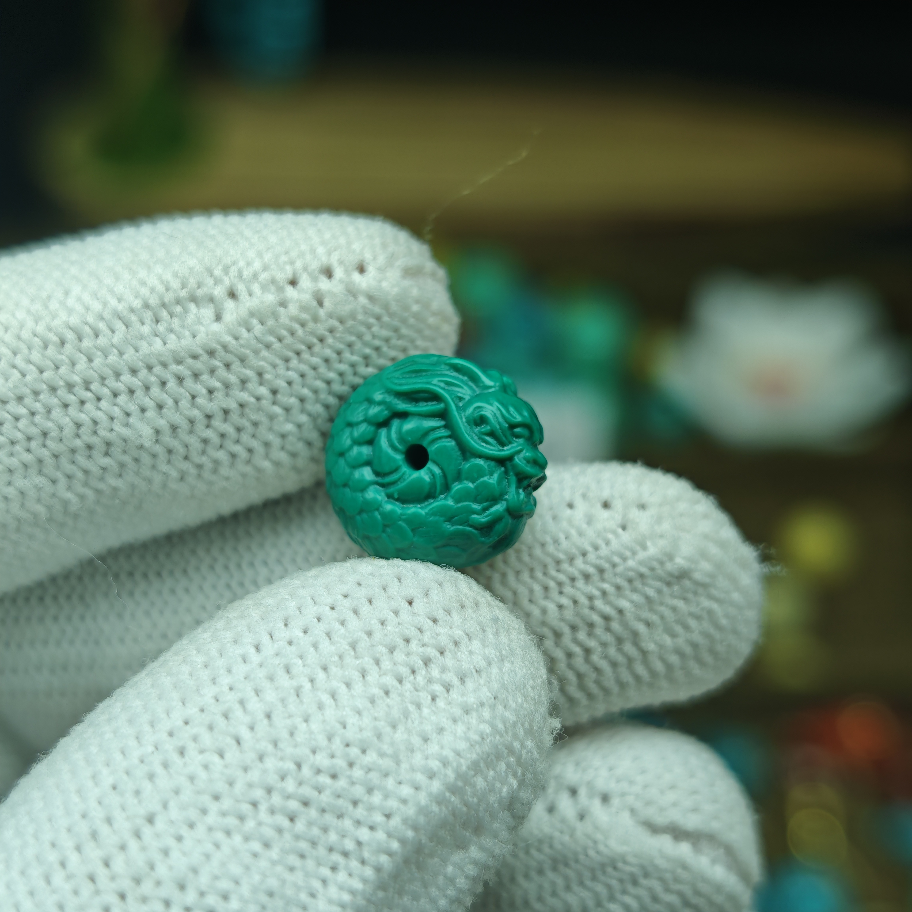 【A27】卡12mm龙扣高瓷绿满工精雕散珠文玩顶珠配珠配饰DIY手串配件