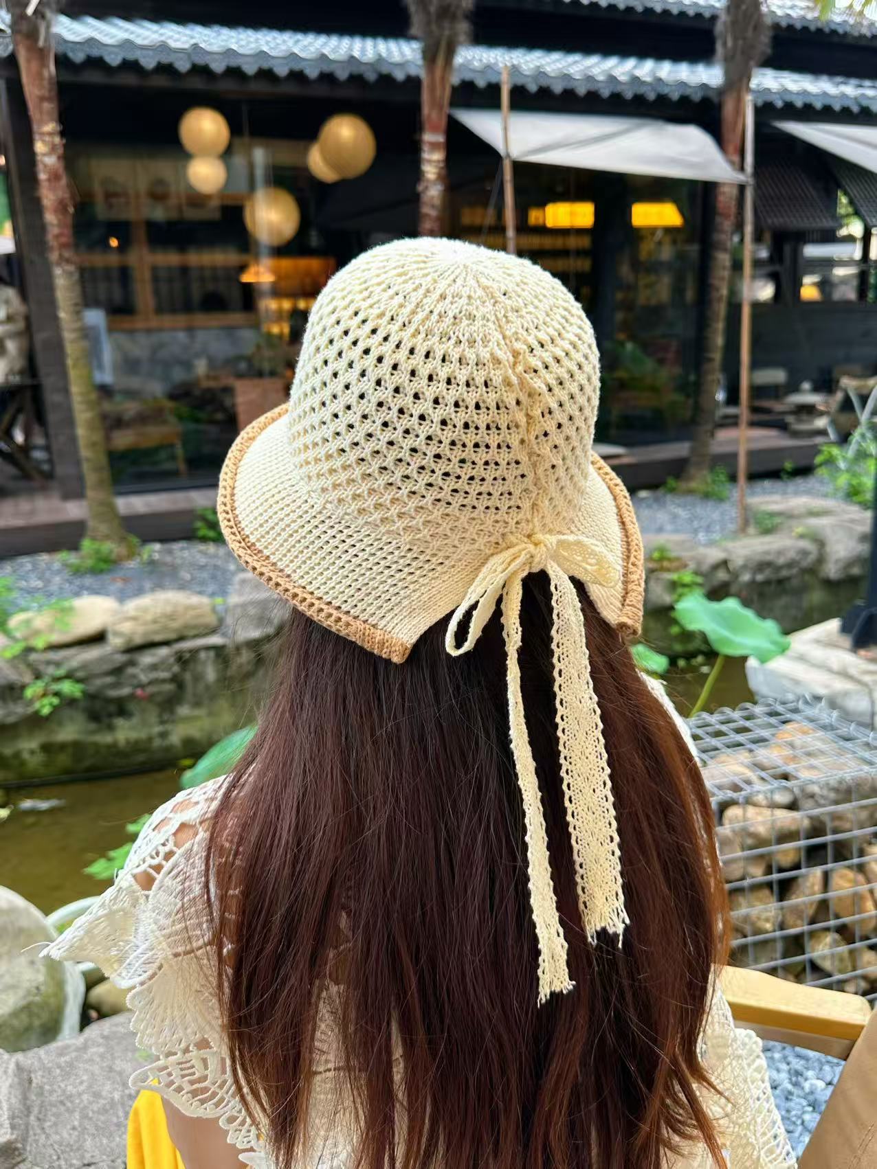 春夏季后开叉蝴蝶结针织透气渔夫帽卷边镂空盆帽