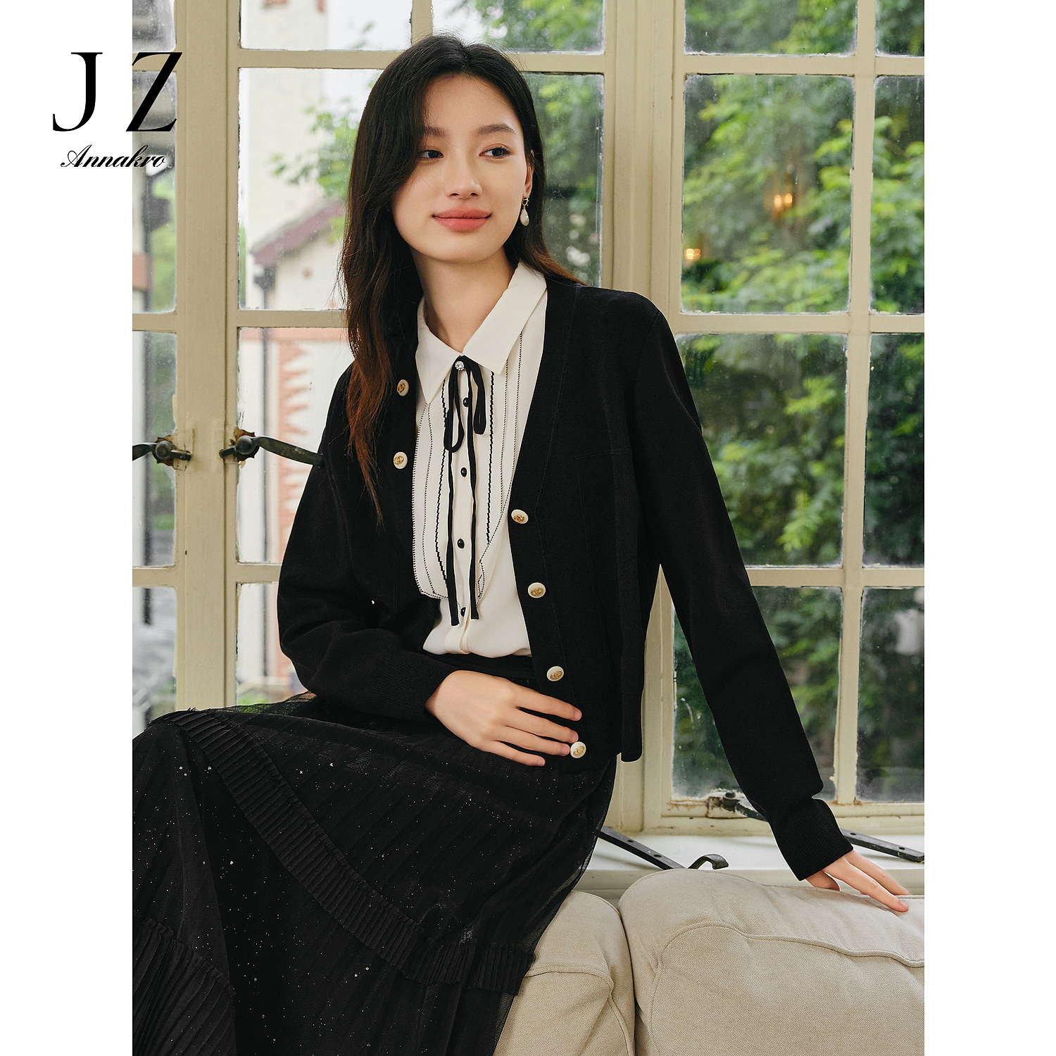 【星线好物】玖姿安娜蔻JTEC30613宽松落肩纽扣短款开衫毛衫女春