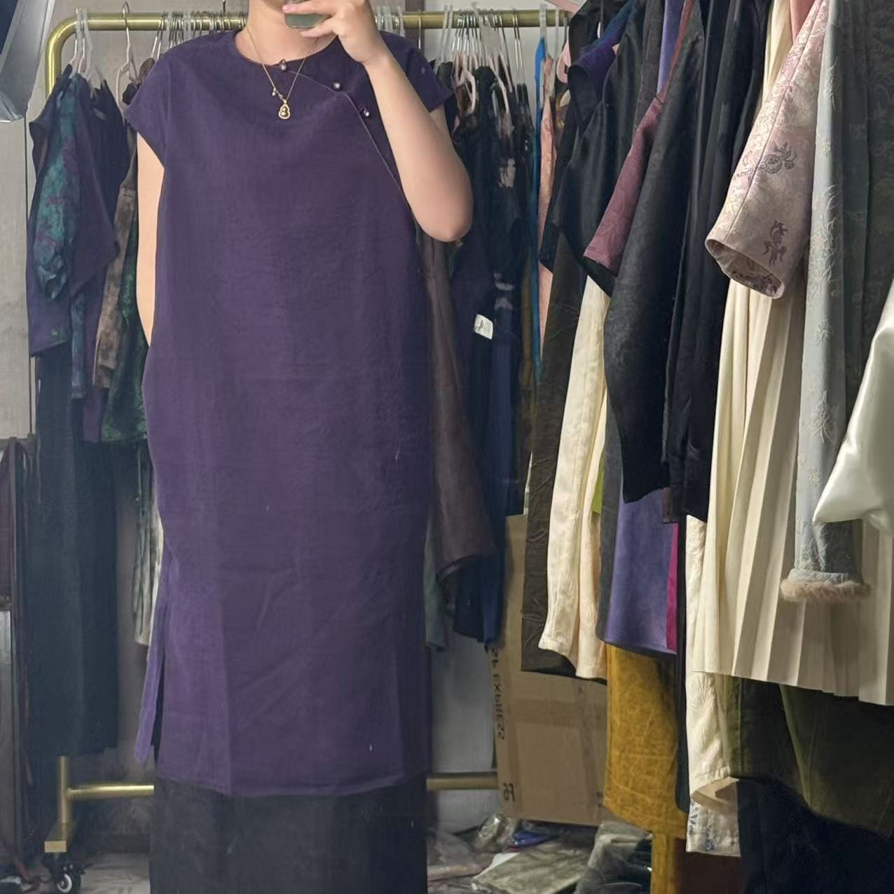 100桑蚕丝！稀有紫龟纹斜襟长款背心裙