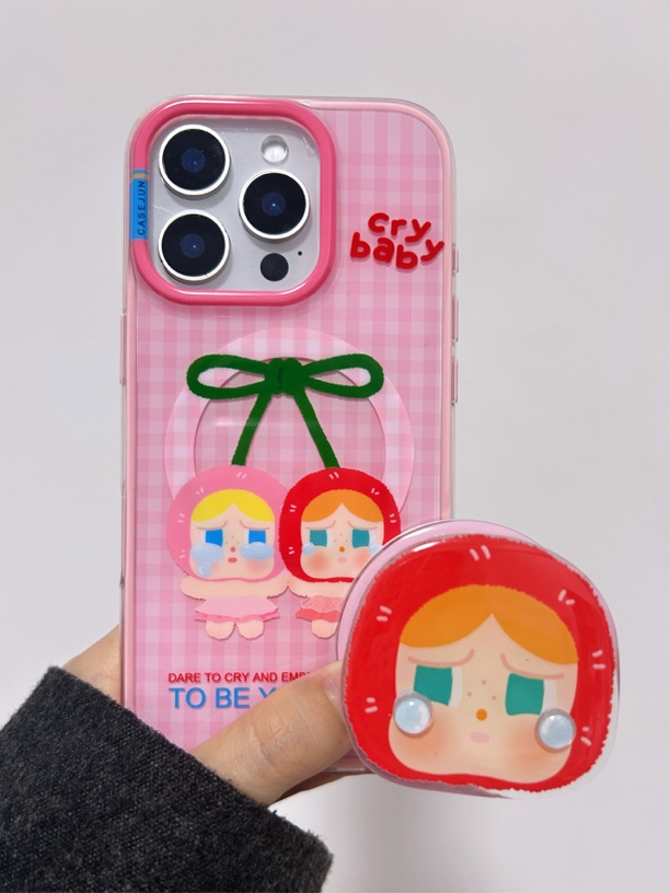 创意格纹哭娃磁吸支架适用苹果16promax151413少女可爱防摔手机壳