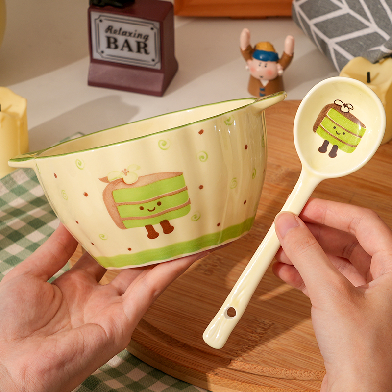 【甜品碗+勺】茶语甜心双耳小汤碗勺家用装汤碗学生可爱餐具组合