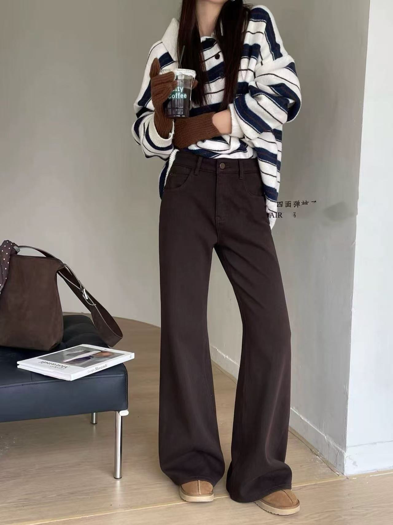 （加绒）秋冬氛围神裤！超出片棕栗色筒喇裤，时髦精必入！超显高