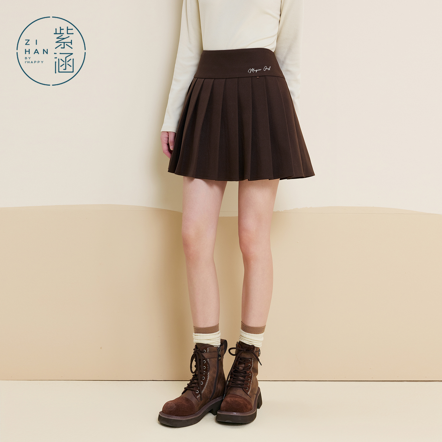 紫涵宽腰格纹百褶裙25冬季新款学院风刺绣高腰a字裙Z5Z11AS335