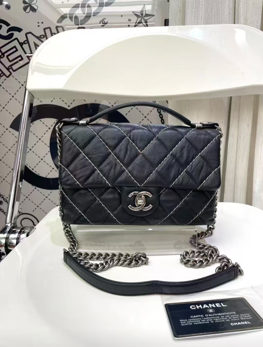 95新 Chanel/香奈儿 Chanel小方包手柄款链条包黑色