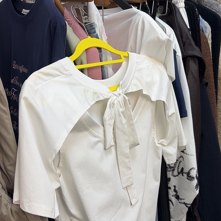 颗***颗后背系蝴蝶结 简单纯色白色短袖T