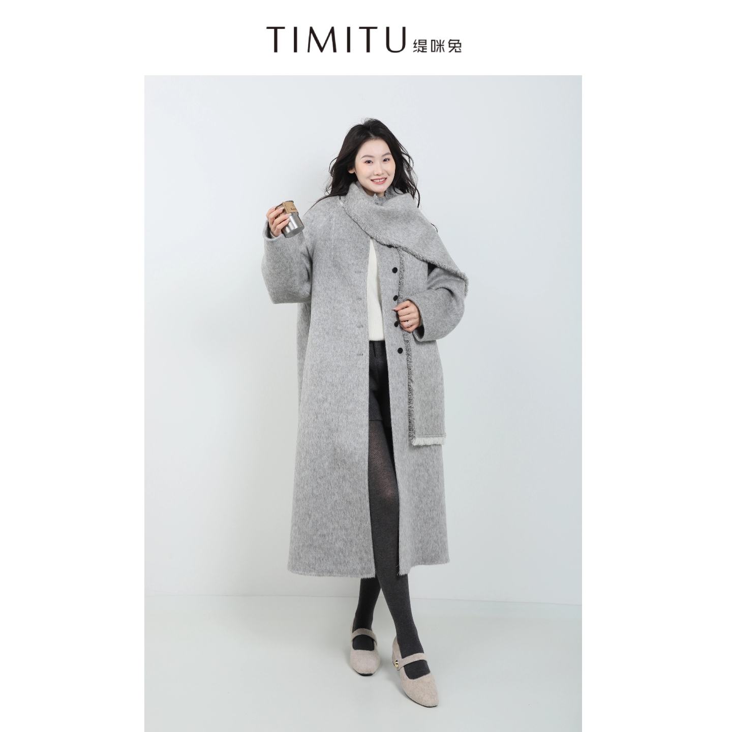 TIMITU缇咪兔韩系氛围感带围巾长款绵羊毛大衣35124012
