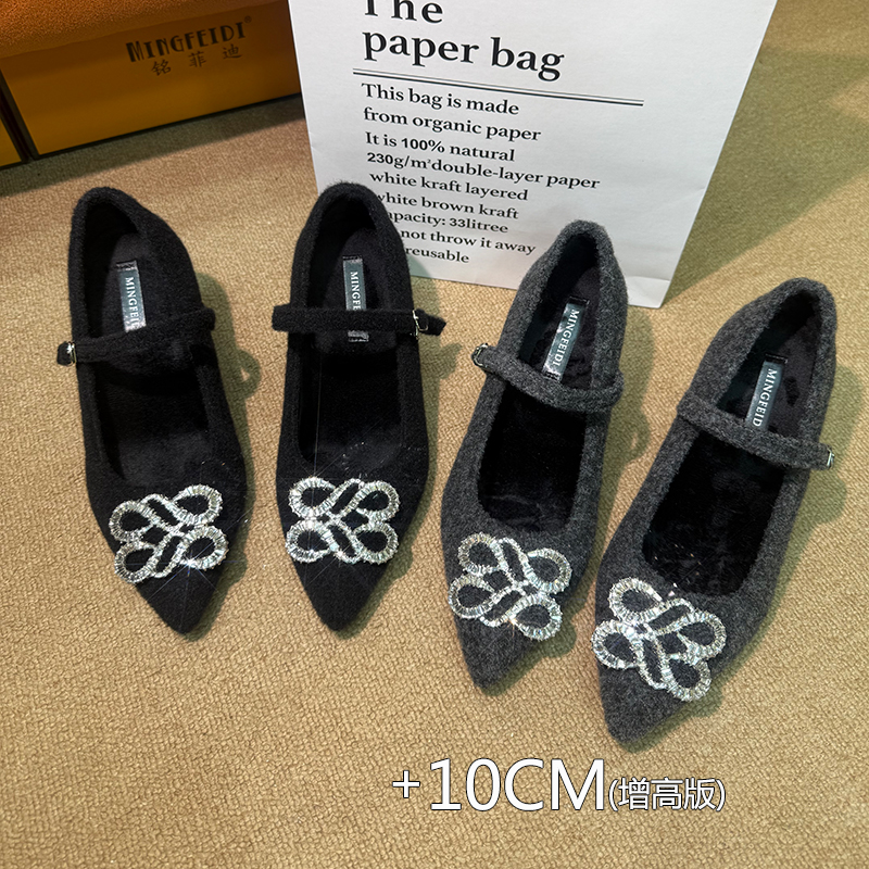 2025新款绒面毛毛鞋水钻扣尖头法式单鞋女加绒内增高粗跟超高跟