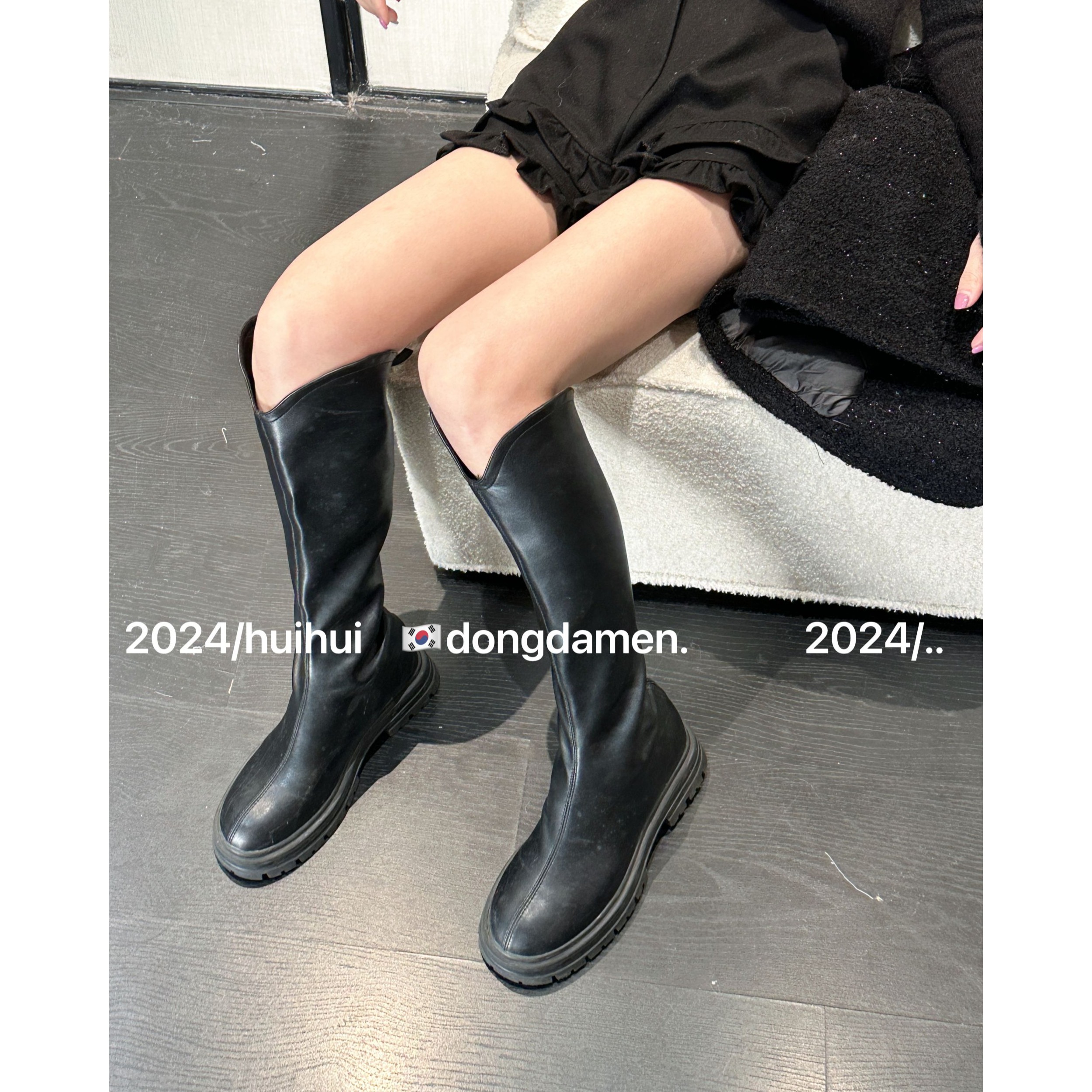 【HuiHui】v口长靴新款单靴子长筒靴不过膝拉链厚底骑士靴（A1609)